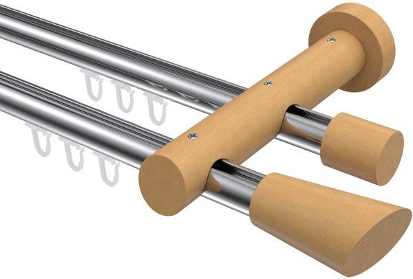 Innenlauf Gardinenstange Aluminium / Holz 20 mm Ø 2-läufig TALENT - Bero Chrom / Buche lackiert 440 cm (2 x 220 cm)