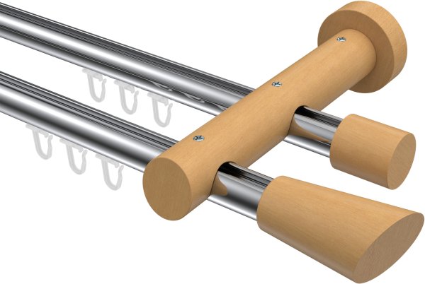 Innenlauf Gardinenstange Aluminium / Holz 20 mm Ø 2-läufig TALENT - Bero Chrom / Buche lackiert
