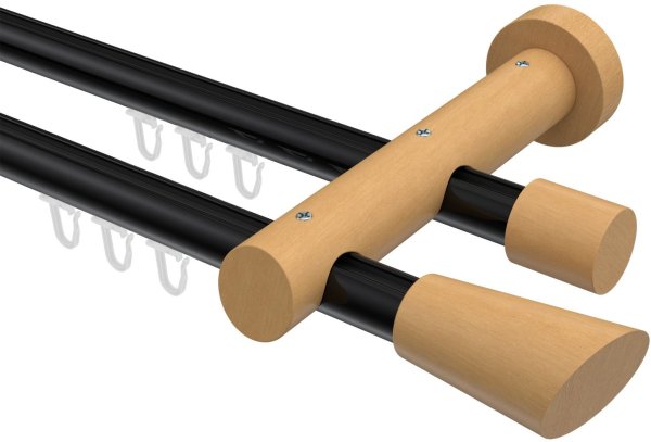 Innenlauf Gardinenstange Aluminium / Holz 20 mm Ø 2-läufig TALENT - Bero Schwarz / Buche lackiert 100 cm