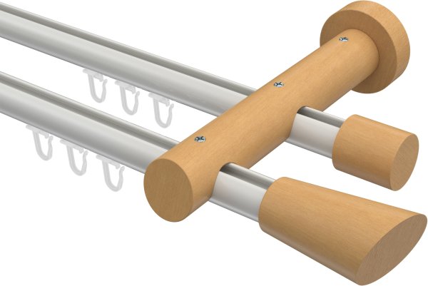 Innenlauf Gardinenstange Aluminium / Holz 20 mm Ø 2-läufig TALENT - Bero Weiß / Buche lackiert 240 cm