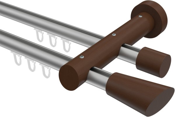 Innenlauf Gardinenstange Aluminium / Holz 20 mm Ø 2-läufig TALENT - Bero Silbergrau / Nussbaum lackiert 100 cm