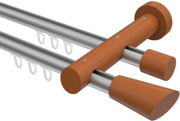 Innenlauf Gardinenstange Aluminium / Holz 20 mm Ø 2-läufig TALENT - Bero Silbergrau / Kirschbaum lackiert 280 cm (2 x 140 cm)