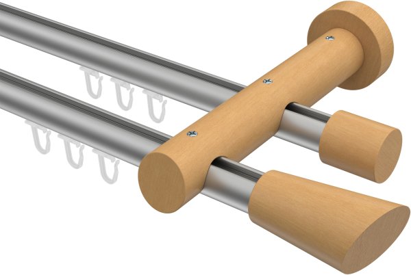 Innenlauf Gardinenstange Aluminium / Holz 20 mm Ø 2-läufig TALENT - Bero Silbergrau / Buche lackiert 200 cm