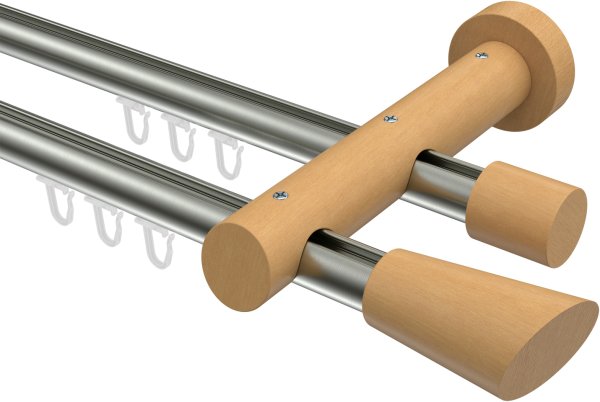 Innenlauf Gardinenstange Aluminium / Holz 20 mm Ø 2-läufig TALENT - Bero Edelstahl-Optik / Buche lackiert 100 cm