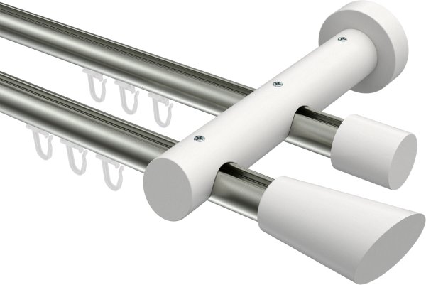Innenlauf Gardinenstange Aluminium / Holz 20 mm Ø 2-läufig TALENT - Bero Edelstahl-Optik / Weiß lackiert 100 cm