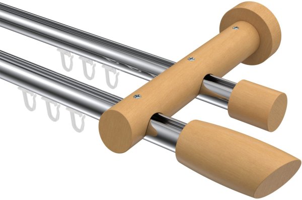 Innenlauf Gardinenstange Aluminium / Holz 20 mm Ø 2-läufig TALENT - Etta Chrom / Buche lackiert 100 cm