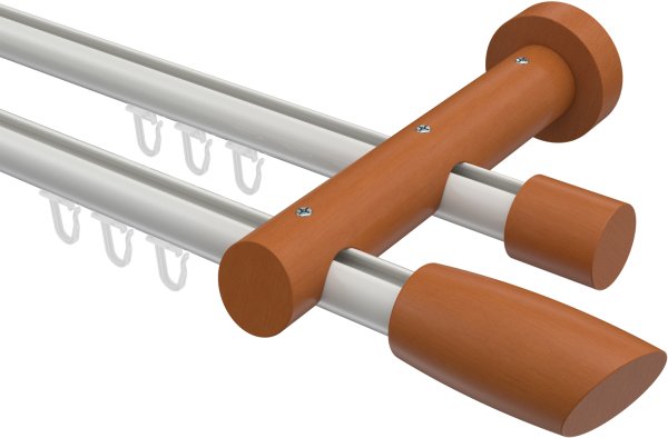 Innenlauf Gardinenstange Aluminium / Holz 20 mm Ø 2-läufig TALENT - Etta Weiß / Kirschbaum lackiert 100 cm