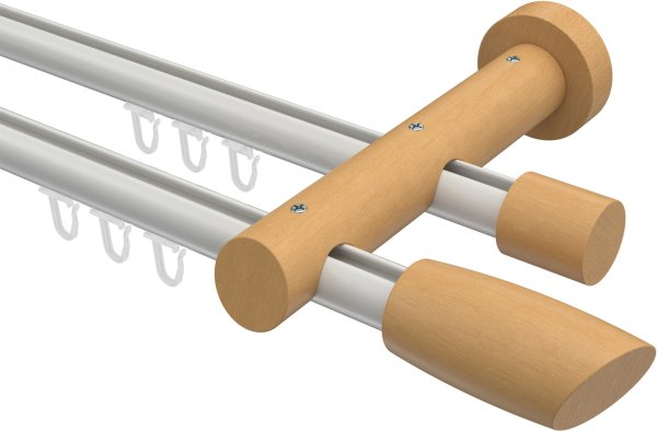 Innenlauf Gardinenstange Aluminium / Holz 20 mm Ø 2-läufig TALENT - Etta Weiß / Buche lackiert 240 cm