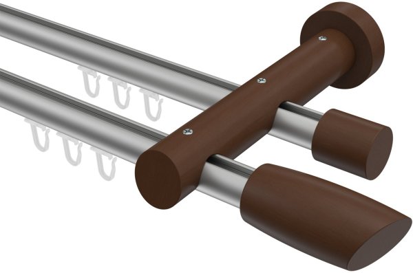 Innenlauf Gardinenstange Aluminium / Holz 20 mm Ø 2-läufig TALENT - Etta Silbergrau / Nussbaum lackiert 280 cm (2 x 140 cm)