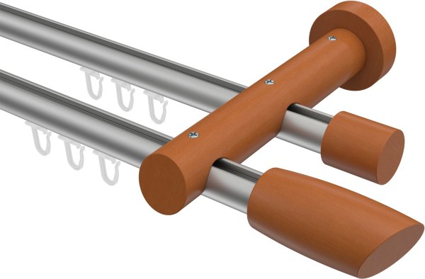 Innenlauf Gardinenstange Aluminium / Holz 20 mm Ø 2-läufig TALENT - Etta Silbergrau / Kirschbaum lackiert