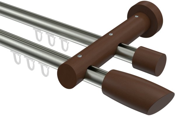 Innenlauf Gardinenstange Aluminium / Holz 20 mm Ø 2-läufig TALENT - Etta Edelstahl-Optik / Nussbaum lackiert 280 cm (2 x 140 cm)