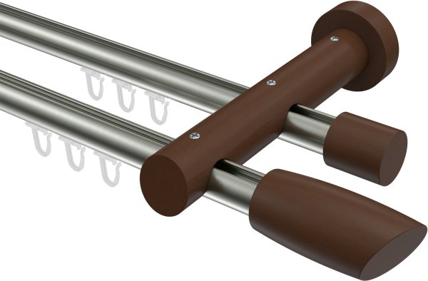 Innenlauf Gardinenstange Aluminium / Holz 20 mm Ø 2-läufig TALENT - Etta Edelstahl-Optik / Nussbaum lackiert 100 cm