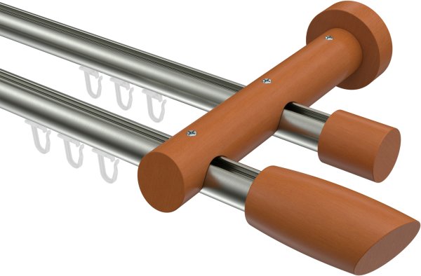 Innenlauf Gardinenstange Aluminium / Holz 20 mm Ø 2-läufig TALENT - Etta Edelstahl-Optik / Kirschbaum lackiert 100 cm