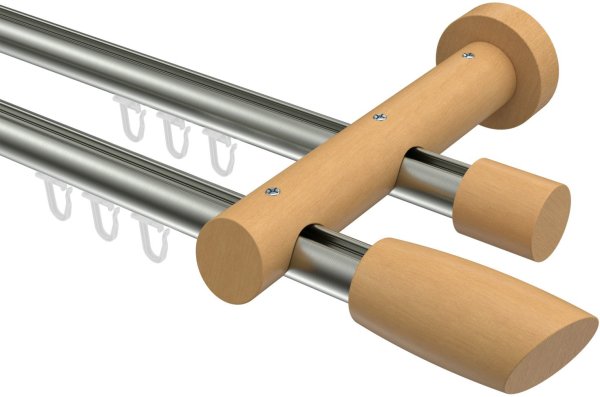 Innenlauf Gardinenstange Aluminium / Holz 20 mm Ø 2-läufig TALENT - Etta Edelstahl-Optik / Buche lackiert 100 cm