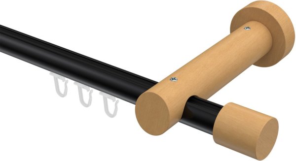 Innenlauf Gardinenstange Aluminium / Holz 20 mm Ø TALENT - Feta Schwarz / Buche lackiert 400 cm (2 x 200 cm)