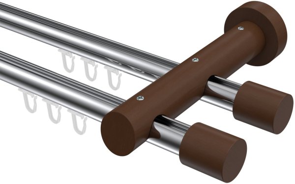 Innenlauf Gardinenstange Aluminium / Holz 20 mm Ø 2-läufig TALENT - Feta Chrom / Nussbaum lackiert 120 cm