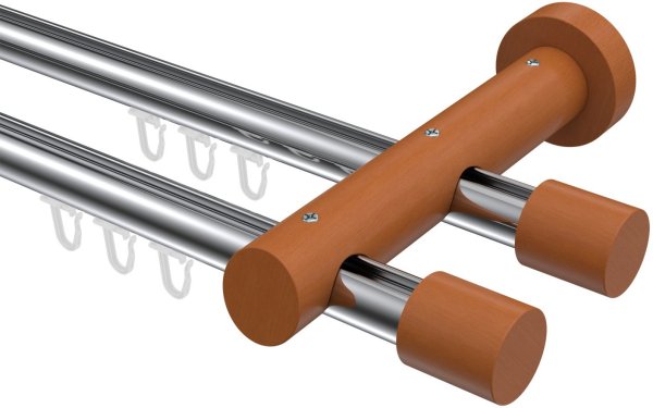Innenlauf Gardinenstange Aluminium / Holz 20 mm Ø 2-läufig TALENT - Feta Chrom / Kirschbaum lackiert 400 cm (2 x 200 cm)