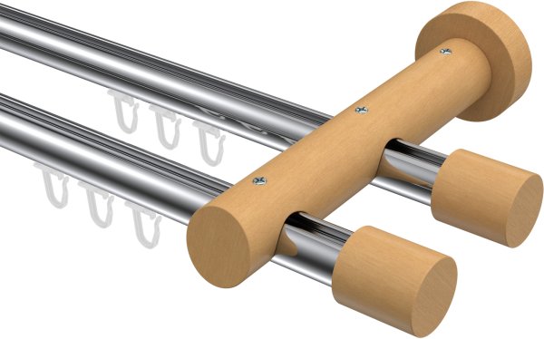 Innenlauf Gardinenstange Aluminium / Holz 20 mm Ø 2-läufig TALENT - Feta Chrom / Buche lackiert 320 cm (2 x 160 cm)