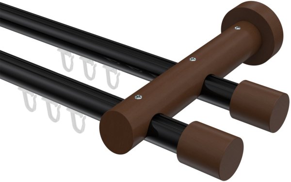 Innenlauf Gardinenstange Aluminium / Holz 20 mm Ø 2-läufig TALENT - Feta Schwarz / Nussbaum lackiert 160 cm