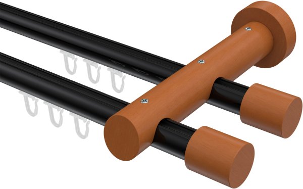 Innenlauf Gardinenstange Aluminium / Holz 20 mm Ø 2-läufig TALENT - Feta Schwarz / Kirschbaum lackiert 100 cm