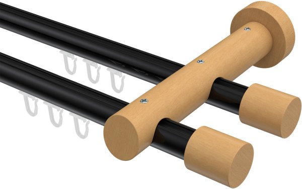 Innenlauf Gardinenstange Aluminium / Holz 20 mm Ø 2-läufig TALENT - Feta Schwarz / Buche lackiert 480 cm (2 x 240 cm)