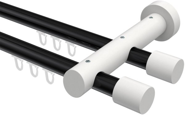 Innenlauf Gardinenstange Aluminium / Holz 20 mm Ø 2-läufig TALENT - Feta Schwarz / Weiß lackiert 600 cm (3 x 200 cm)