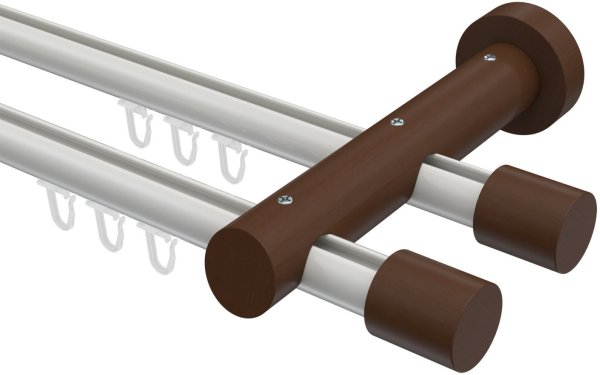 Innenlauf Gardinenstange Aluminium / Holz 20 mm Ø 2-läufig TALENT - Feta Weiß / Nussbaum lackiert 400 cm (2 x 200 cm)