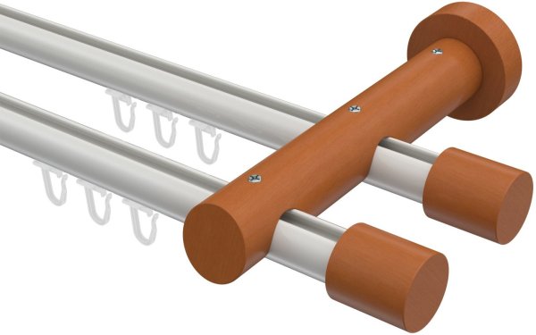Innenlauf Gardinenstange Aluminium / Holz 20 mm Ø 2-läufig TALENT - Feta Weiß / Kirschbaum lackiert 320 cm (2 x 160 cm)