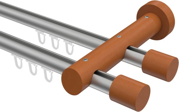 Innenlauf Gardinenstange Aluminium / Holz 20 mm Ø 2-läufig TALENT - Feta Silbergrau / Kirschbaum lackiert 240 cm