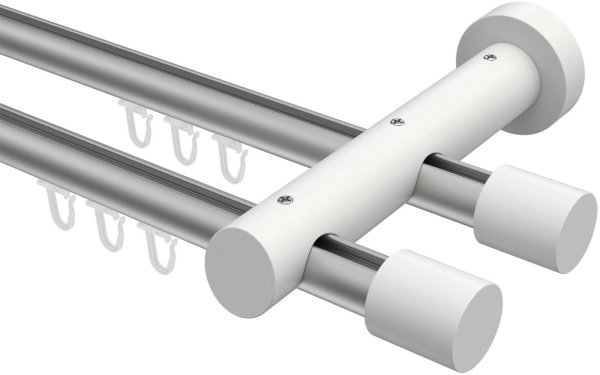 Innenlauf Gardinenstange Aluminium / Holz 20 mm Ø 2-läufig TALENT - Feta Silbergrau / Weiß lackiert 100 cm