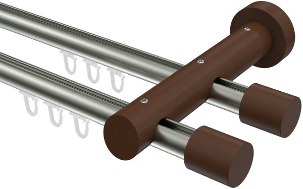 Innenlauf Gardinenstange Aluminium / Holz 20 mm Ø 2-läufig TALENT - Feta Edelstahl-Optik / Nussbaum lackiert 200 cm