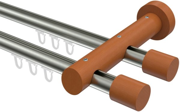 Innenlauf Gardinenstange Aluminium / Holz 20 mm Ø 2-läufig TALENT - Feta Edelstahl-Optik / Kirschbaum lackiert 180 cm