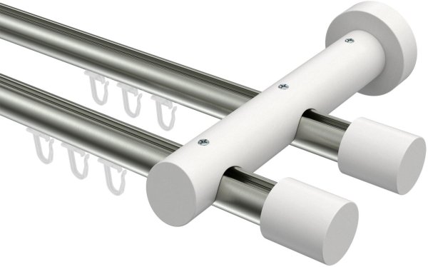 Innenlauf Gardinenstange Aluminium / Holz 20 mm Ø 2-läufig TALENT - Feta Edelstahl-Optik / Weiß lackiert 200 cm