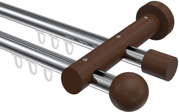 Innenlauf Gardinenstange Aluminium / Holz 20 mm Ø 2-läufig TALENT - Luina Chrom / Nussbaum lackiert 280 cm (2 x 140 cm)