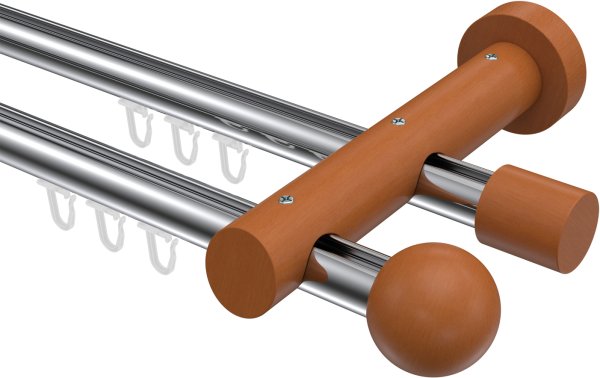 Innenlauf Gardinenstange Aluminium / Holz 20 mm Ø 2-läufig TALENT - Luina Chrom / Kirschbaum lackiert