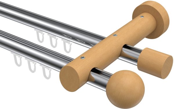 Innenlauf Gardinenstange Aluminium / Holz 20 mm Ø 2-läufig TALENT - Luina Chrom / Buche lackiert 100 cm