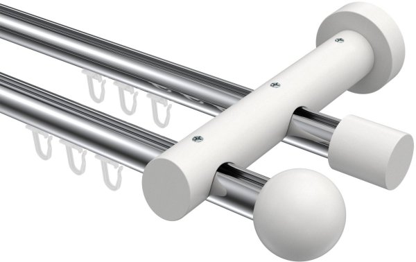 Innenlauf Gardinenstange Aluminium / Holz 20 mm Ø 2-läufig TALENT - Luina Chrom / Weiß lackiert 360 cm (2 x 180 cm)