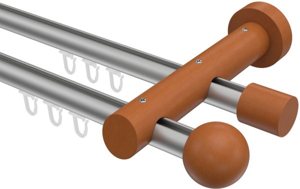 Innenlauf Gardinenstange Aluminium / Holz 20 mm Ø 2-läufig TALENT - Luina Silbergrau / Kirschbaum lackiert 160 cm