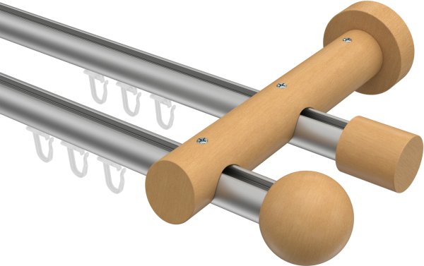Innenlauf Gardinenstange Aluminium / Holz 20 mm Ø 2-läufig TALENT - Luina Silbergrau / Buche lackiert 100 cm