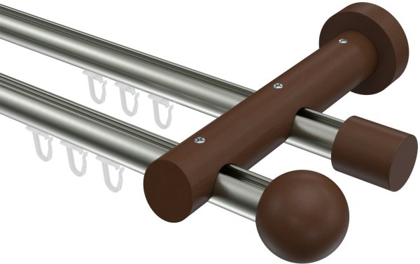 Innenlauf Gardinenstange Aluminium / Holz 20 mm Ø 2-läufig TALENT - Luina Edelstahl-Optik / Nussbaum lackiert 280 cm (2 x 140 cm)