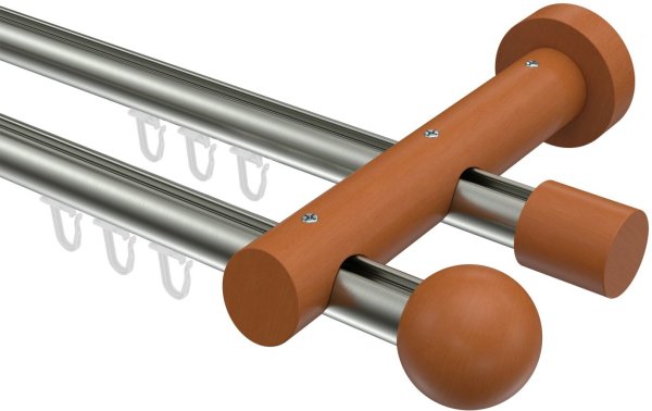 Innenlauf Gardinenstange Aluminium / Holz 20 mm Ø 2-läufig TALENT - Luina Edelstahl-Optik / Kirschbaum lackiert 160 cm