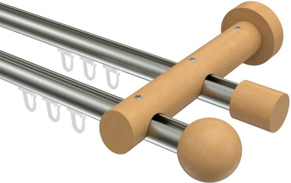 Innenlauf Gardinenstange Aluminium / Holz 20 mm Ø 2-läufig TALENT - Luina Edelstahl-Optik / Buche lackiert 100 cm