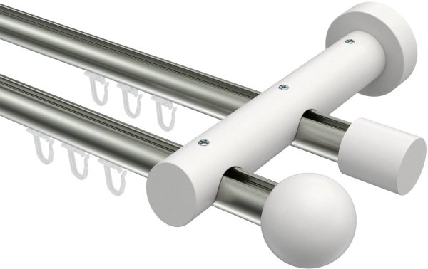 Innenlauf Gardinenstange Aluminium / Holz 20 mm Ø 2-läufig TALENT - Luina Edelstahl-Optik / Weiß lackiert 280 cm (2 x 140 cm)