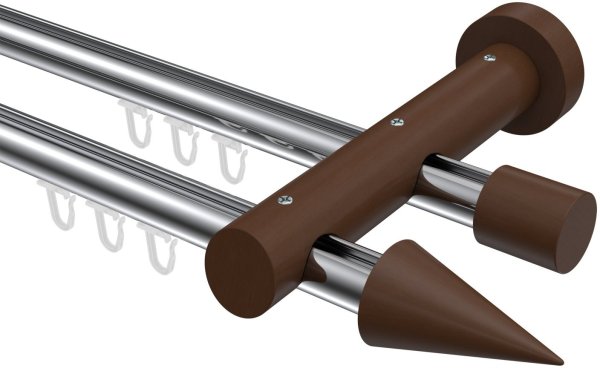 Innenlauf Gardinenstange Aluminium / Holz 20 mm Ø 2-läufig TALENT - Siveo Chrom / Nussbaum lackiert 100 cm