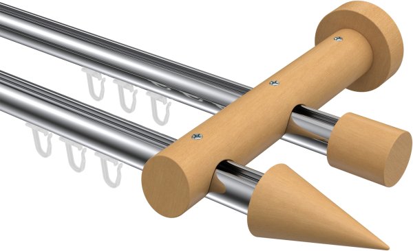 Innenlauf Gardinenstange Aluminium / Holz 20 mm Ø 2-läufig TALENT - Siveo Chrom / Buche lackiert 100 cm