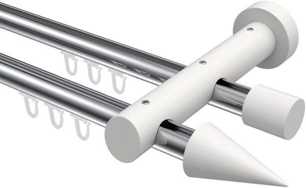 Innenlauf Gardinenstange Aluminium / Holz 20 mm Ø 2-läufig TALENT - Siveo Chrom / Weiß lackiert 140 cm