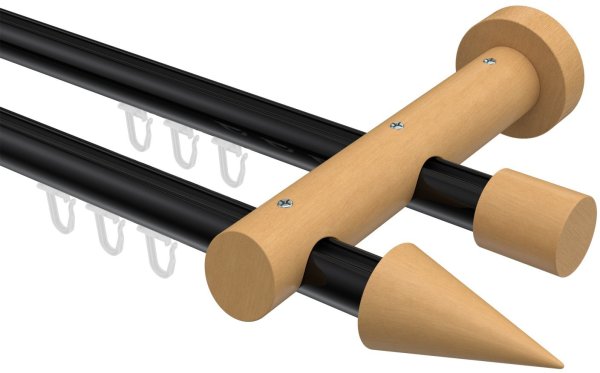 Innenlauf Gardinenstange Aluminium / Holz 20 mm Ø 2-läufig TALENT - Siveo Schwarz / Buche lackiert 100 cm