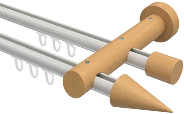 Innenlauf Gardinenstange Aluminium / Holz 20 mm Ø 2-läufig TALENT - Siveo Weiß / Buche lackiert 100 cm