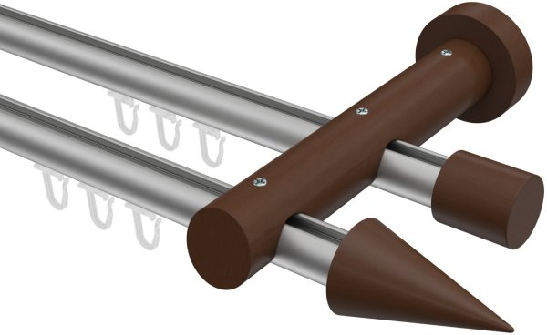 Innenlauf Gardinenstange Aluminium / Holz 20 mm Ø 2-läufig TALENT - Siveo Silbergrau / Nussbaum lackiert 100 cm