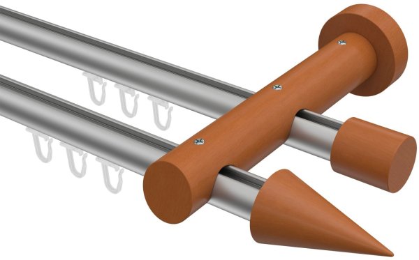Innenlauf Gardinenstange Aluminium / Holz 20 mm Ø 2-läufig TALENT - Siveo Silbergrau / Kirschbaum lackiert 100 cm
